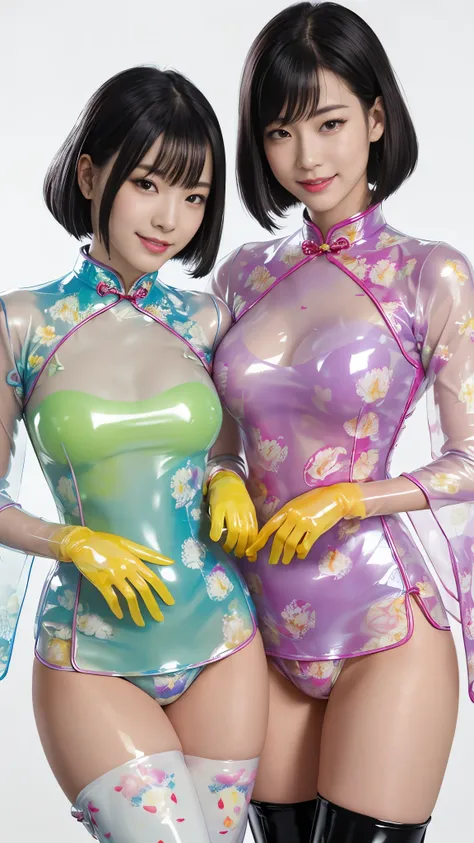 (Tabletop:1.0), (highest quality:1.4), (High resolution:1.2), (Realistic:1.4), (8k, RAW Photos:1.2), (Soft Focus:1.4),(close up:1.2),break,2 girls wearing liquid cheongsam and walking  and Smiling while taking a photo..........................................