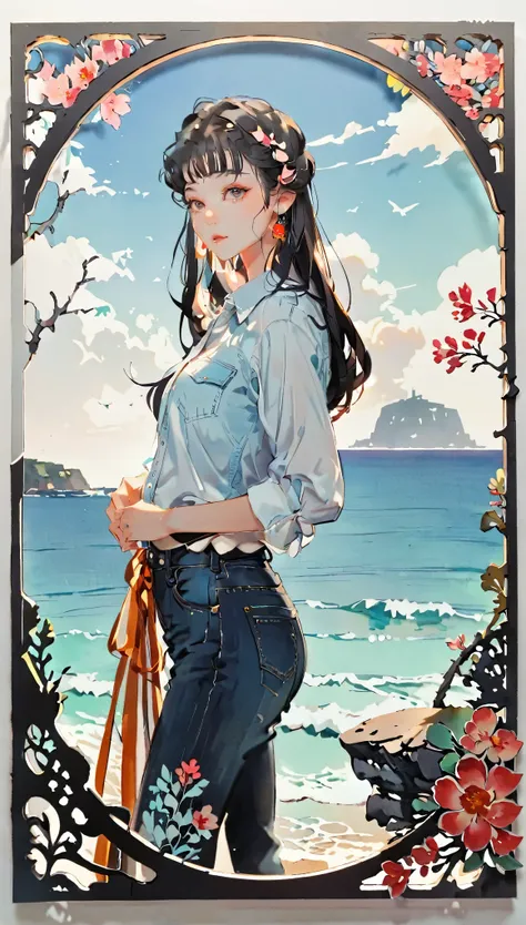 (((paper cutting style))), 1 girl, medium black hair, straight hair, portfolio, shirts, denim, ocean and sky