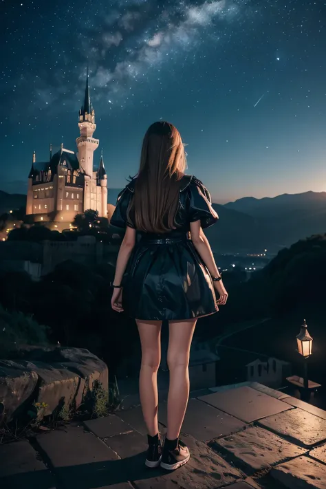 night sky, castle,  1girl, standing, solo, full body, , maribe, puffy short sleeves,  cape, bag