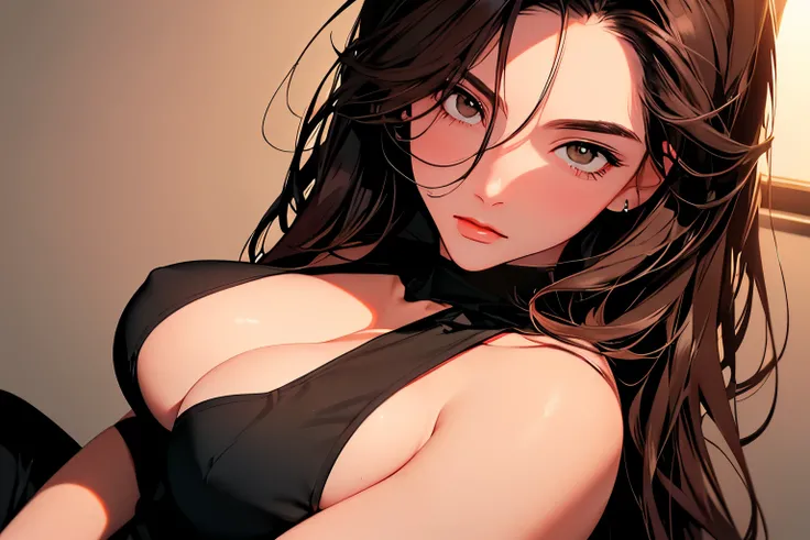 2d illustration, anime, a painting in fine arts, in manhwa style, (boa hancock), 1girl, brown hair, long hair, big hair, golden eyes, makeup, (red lips), beautiful, high definition, masterpiece, best quality, high detail, high detailed eyes, grain filter, ...