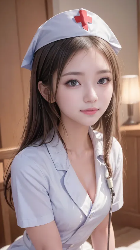 (((Close-up of a girls face, Focus on faces))), Twin tails, ((Beautiful girl in cute nurse uniform:1.3)), ((Beautiful junior high school girls:1.2, Baby Face:1.5, Idol Face:1.2)), ((Beautiful small face:1.2, Beautifully shaped nose, Moisturizing lips, Groo...