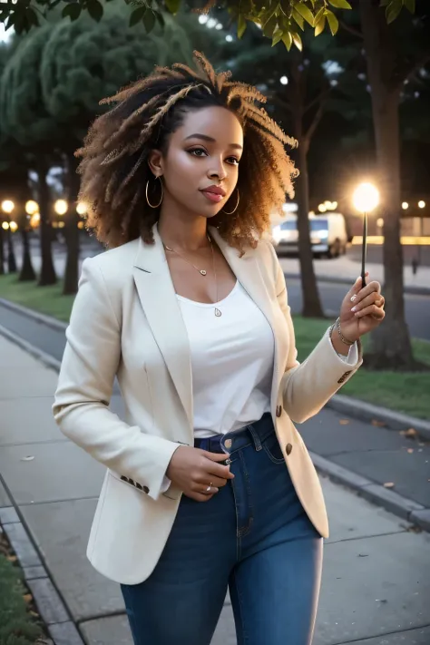 Professional high-detail RAW color photo photography of a woman with shoulder-length curly hair of African descent , light expression, (parque de outono com folhas caindo), (cabelo preto  cacheado sujo perfeito com brinco elegante), Woolen sweater with sty...