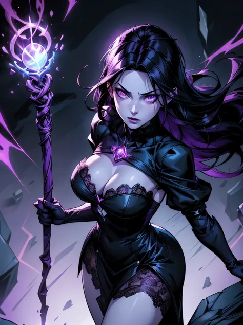 (best quality,4k,highres:1.2),dramatic comic book style,pale skinned arcanist,wearing lace sleeves and a little black dress,lavender colored eyes,black hair,middle parted long,lace gloves,enchanted staff,casting a spell with magical energy,arcane symbols f...