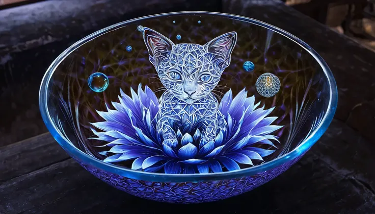 /I combining liquid kittens from science glass into flower of life bowl, surreal unexpected alchemical reaction