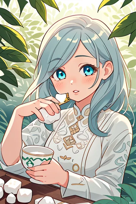 a young girl in a tea field, picking tea leaves, drinking tea and eating mochi, ultra-detailed, 8k, photorealistic, beautiful detailed eyes, beautiful detailed lips, extremely detailed face and skin, intricate details, vibrant colors, natural lighting, pas...