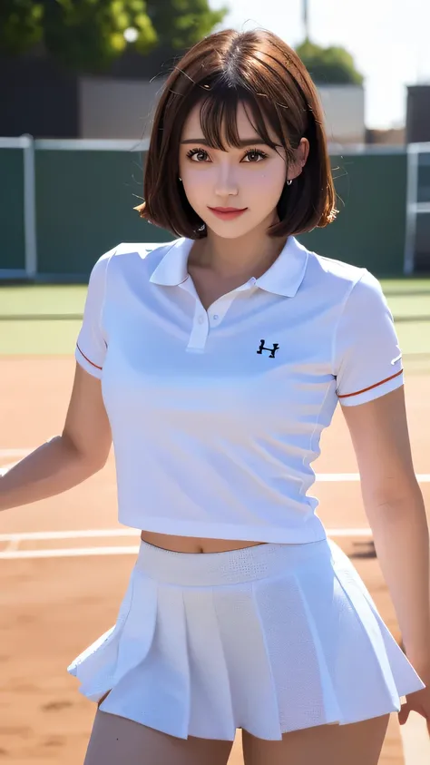 1 girl, alone, White polo shirt, White sneakers, Pink tennis wear: 1.3, White mini skirt, masterpiece, highest quality, Realistic, Hyper Detail, (Shiny skin, Sweaty: 1.4), Disorganized, looking at the camera, Bob cut with bangs, thin, Dynamic Lighting, Hig...