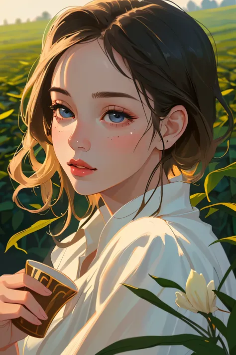 a young girl in a tea field, drinking tea , 8k, photorealistic, beautiful detailed eyes, beautiful detailed lips, extremely detailed face and skin, intricate details, vibrant colors, natural lighting, pastoral, serene, tranquil, cozy, cute, adorable, kawai...