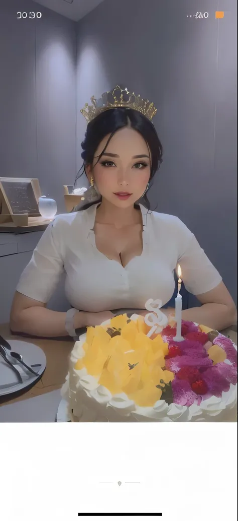 Busty woman sitting at the table, Holding birthday cake, Wearing black deep v-neck，About 30 years old, Sexy，Royal sister