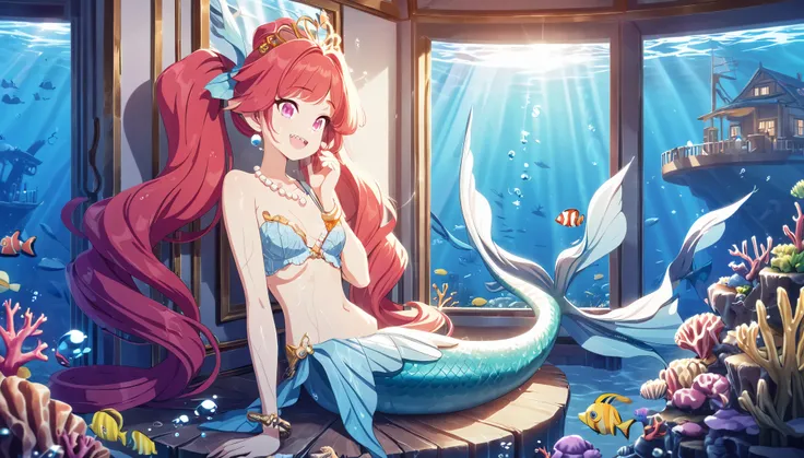 (best quality,4k,8k,highres,masterpiece:1.2),ultra-detailed, Pretty 15 years old princess magically transformed into a beautiful mermaid, race swap, fantastic transformation, none human, steampunk, fish like, wet body, dominant shades of red, surrounded by...