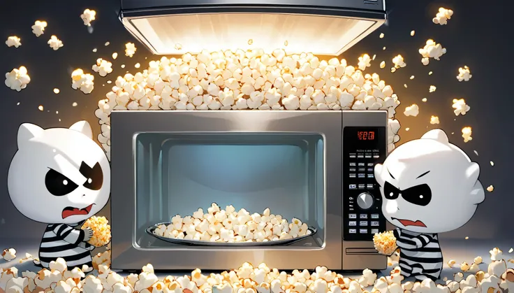 Visualize a lively and humorous scene inside an oversized, cartoon-style microwave that doubles as a high-security popcorn prison. As the microwave timer ticks down, signaling the imminent pop, a group of popcorn kernels dressed in classic black-and-white ...