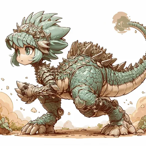 dinosaur girl. ankylosaurus element. knight-like style. scale armor. tail. active. dry soil underfoot. dust cloud.