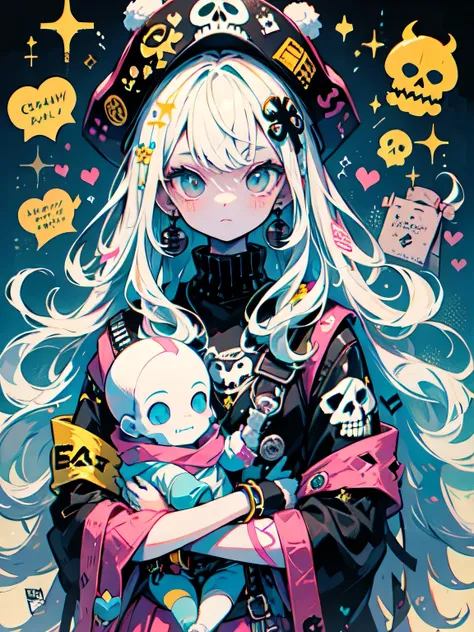 estilo akira toriyama、"bonitinho, lindo, Adorable girl wearing pink clothes, Amarelo, and baby blue color scheme. She is wearing a costume with a SKULL motif inspired by a female pirate..。.。.。.。.。.。.... Fashion hats, pedra、Comes with decorative accessories...