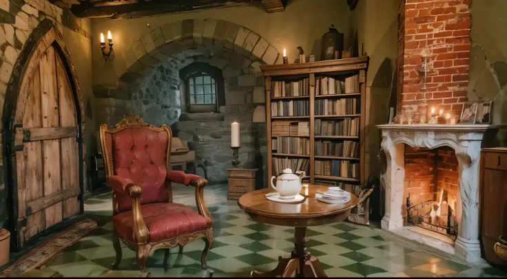 A cozy old castle room at night, wirh chess floor style, a classic castle fireplace aside, a center classic table with cup of tea, a confortable trone chair, a clastle door, a bookshelf, a candle , and other realistics 3d cozy ambient of a castle at night.