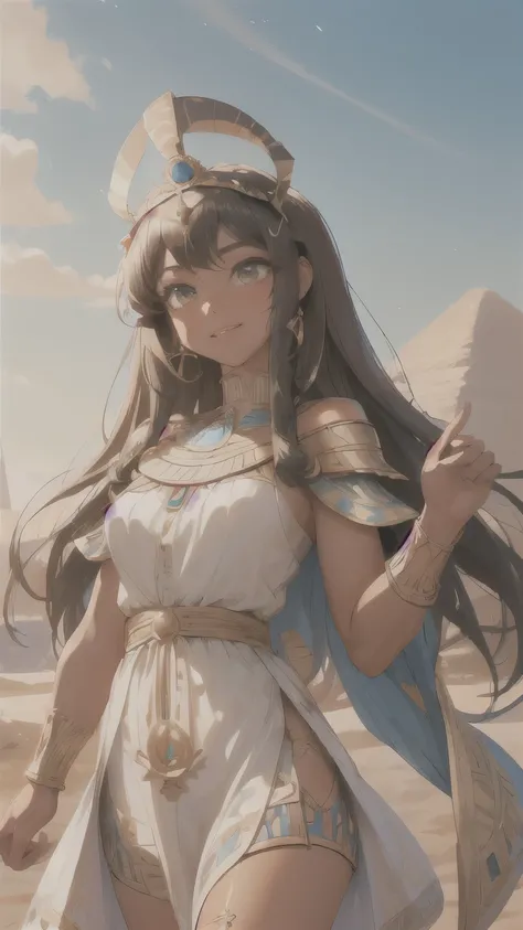 ((best quality)), ((masterpiece)), (detailed face and eyes), perfect face, accurate, textured skin, high details, highres, Cleopatra, queen of ancient Egypt, in silk dress, jewelled crown, lipstick, cowboy shot, Tanned skin, brown skin