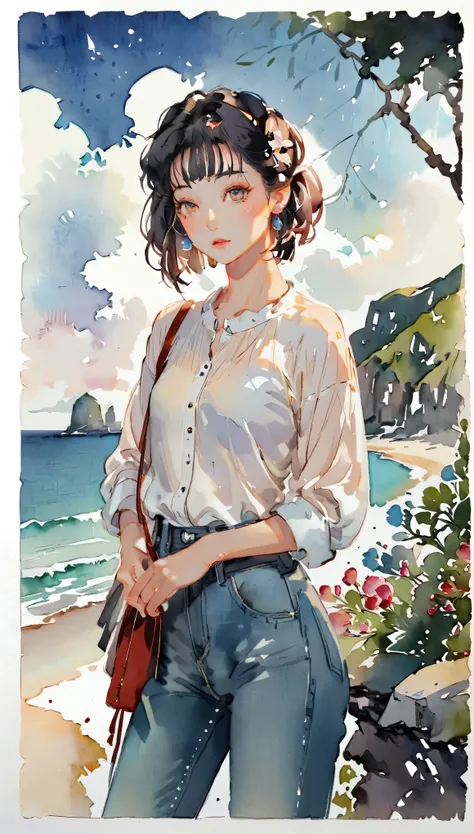 (((paper cutting style))), 1 girl, short black hair, straight hair, portfolio, shirts, denim, ocean and sky