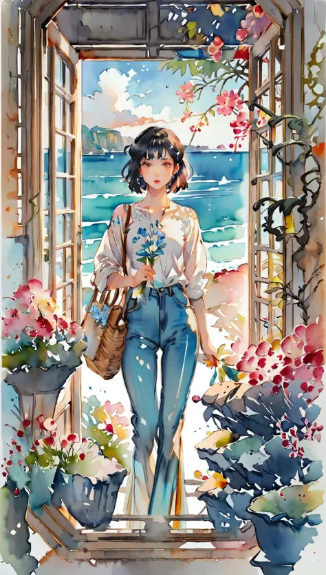 (((paper cutting style))), 1 girl, short black hair, straight hair, portfolio, shirts, denim, ocean and sky