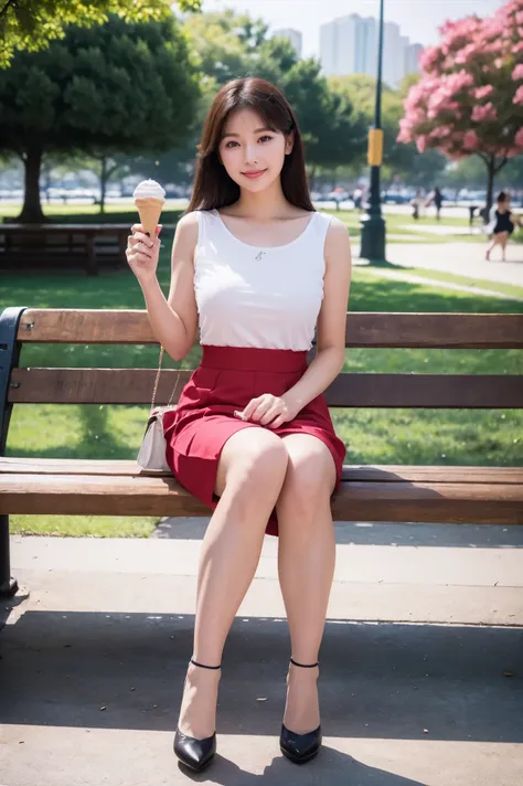 highest quality, flying debris, Realistic, High resolution, 8k　RAW Photos,alone, One Girl, 30 years old、Eat soft serve ice cream、smile、blouse、skirt、High heels、Hold the soft-serve ice cream in both hands、On a park bench