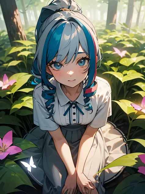 from above:1.3, looking at viewer,close up face,white and lite blue ((streaked hair)), highlights drill ponytail, white blouse, maxi browngray skirt,sitting, in the forest, Various kinds of flowers, squirrels, and butterflies,gentle sunlight,perfect lighti...