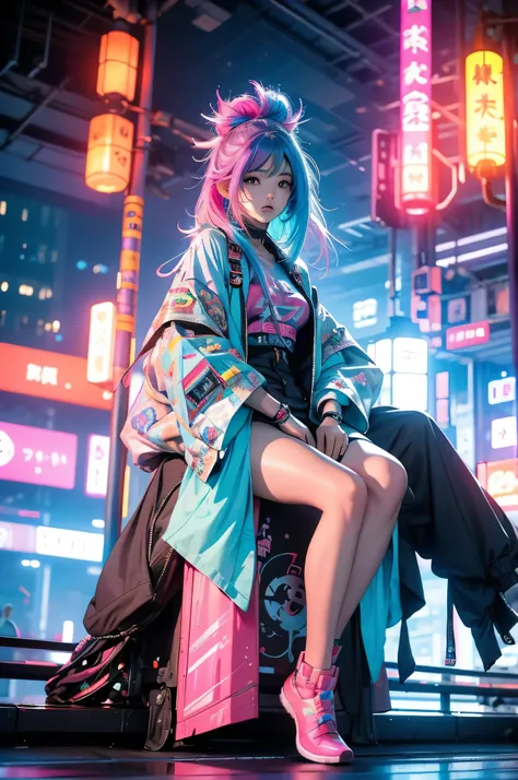 「Full body、In a futuristic cyberpunk city background、Create a portrait of a beautiful Japanese girl with colorful hair sitting on a rainbow-colored object。Her hair is neon pink、blue、Greens mixed together、It reflects light and shines brightly。Her eyes shine...