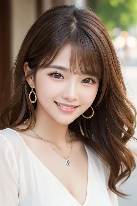 ０Beautiful young woman of the year、 Korean women、Light brown hair、Wavy Hair、short hair、ear piercing、Necklace around the neck、blouse、smile, Beautiful teeth alignment、Intricate details, Very detailed:1.2), 、 Looking into the camera,The background is the town