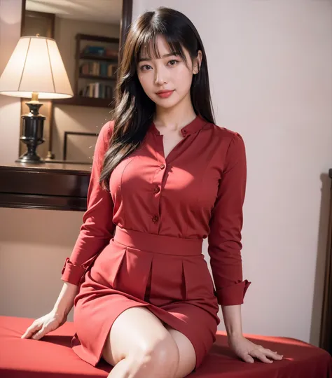 ((highest quality、8k、masterpiece:1.3))、Photorealistic, Sharp focus, high resolution, High resolution, Portraiture, alone, Japanese, Middle-aged women, Beautiful woman, 26 years old、Big Breasts、She is dressed in a red casual dress、In an apartment