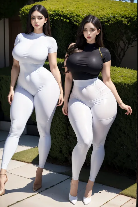 High Detail, Wear (Tight shirt:1.2), Beautiful and delicate face, Hazel eyes, (Attractive fitness woman:1.3), (Tempting:1.1), (blush:1.1), hourglass body shape, Full set of shiny aerobic white latex jumpsuit, big round breasts，Full body proportion photo,,(...