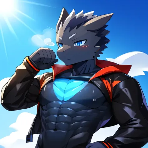 Thin macho　western black dragon　　abs　　　　　Hollow abs　　body suit　　thick arms　　　chest rig　　　、sweaty　　　skin glow　　profile　　Wearily　short of breath　　  　Chemo shota　　
have a 　blue eyes　Tired look　Shiny abs jacket