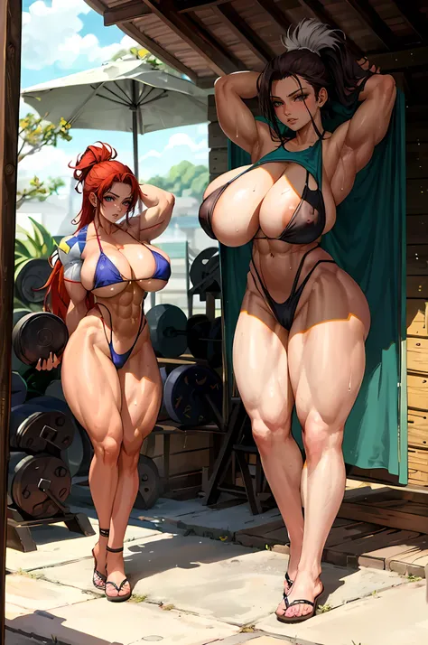 (masterpiece), (best quality), ((Perfect anatomy)), (((Massive female bodybuilder:1.2))), (((Huge breasts:1.3))), perfect eyes, perfect face, perfect lighting, 1girl, mature female, red hair, smirking, pompadour cut, muscular, toned, navel, abs, sweat, thi...