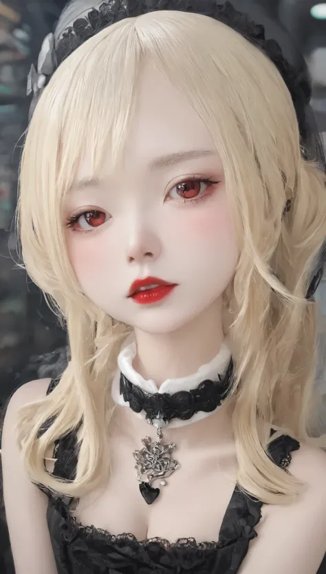 One Girl:1.5、Cute baby face、14Year、Perfect Anatomy、Red eyeshadow、Red lipstick、Slightly pink cheeks、White skin、Ash Blonde、Black Dress、eight-headed body、small 、Unique hairstyles、choker、highest quality、Very detailed、High quality details、Portraiture、Masseter r...