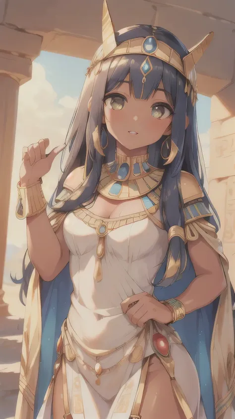 ((best quality)), ((masterpiece)), (detailed face and eyes), perfect face, accurate, textured skin, high details, highres, Cleopatra, queen of ancient Egypt, in silk dress, jewelled crown, lipstick, cowboy shot, Tanned skin, brown skin