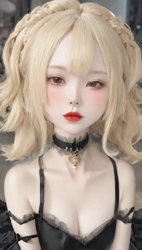 One Girl:1.5、Cute baby face、14Year、Perfect Anatomy、Red eyeshadow、Red lipstick、Slightly pink cheeks、White skin、Ash Blonde、Black Dress、eight-headed body、small 、Unique hairstyles、choker、highest quality、Very detailed、High quality details、Portraiture、Masseter r...