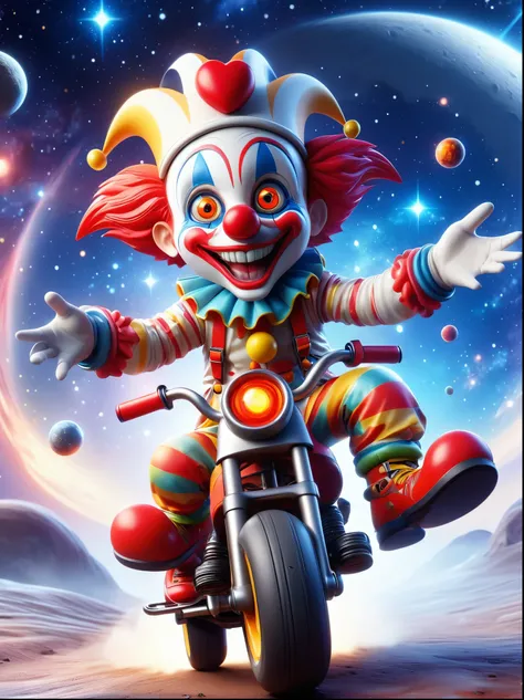 (chibi), 1boy, solo, (A visually impactful Q-version clown image),  Wearing a black visor，Wearing a crisp white suit with red shoulder straps，Cute clown riding a motorcycle with big grip tires(Childrens tricycle), (Exploring the lunar surface)，(The backgro...