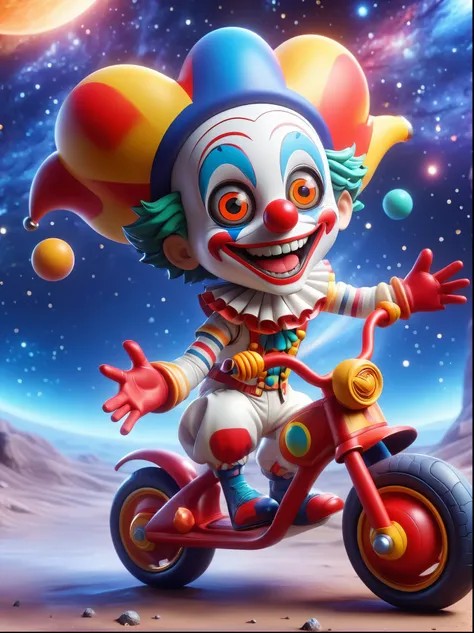 (chibi), 1boy, solo, (A visually impactful Q-version clown image),  Wearing a black visor，Wearing a crisp white suit with red shoulder straps，Cute clown riding a motorcycle with big grip tires(Childrens tricycle), (Exploring the lunar surface)，(The backgro...