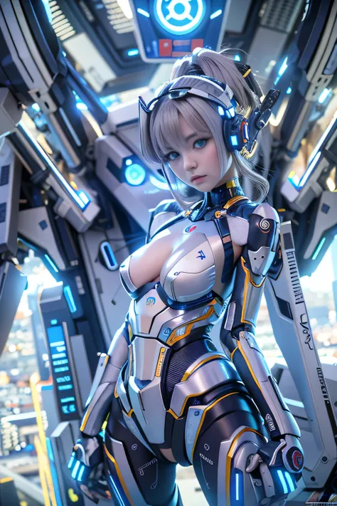 Wide-angle shot, 1 female, Mecha, Sparkling blue eyes, Very cute face, (Realistic:1.37), Biomechanical, Complex robot, Spaceship interior bokeh background, Ultra-realistic, Very detailed, Very intricate details, Beautiful woman in sharp focus, Exposed abdo...