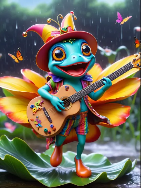 (chibi)，Cute frog on lotus leaf, ((Playing guitar)), concert, big eyes, shiny, Wearing chaotic and colorful clothes, Long legs, Interesting concept art, Colorful butterflies in the sky, Soft and beautiful picture, (Rainy Day), dew, full-body shot, Cartoon ...