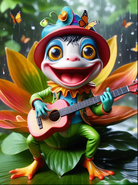 (chibi)，Cute frog on lotus leaf, ((Playing guitar)), concert, big eyes, shiny, Wearing chaotic and colorful clothes, Long legs, Interesting concept art, Colorful butterflies in the sky, Soft and beautiful picture, (Rainy Day), dew, full-body shot, Cartoon ...