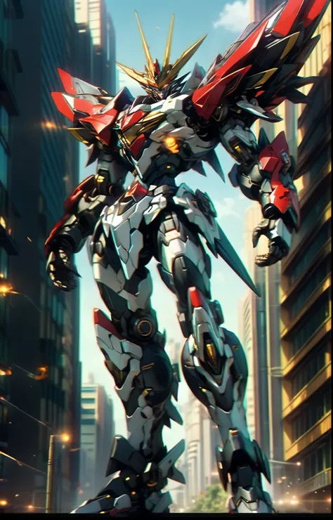 Humanoid Mecha, fully enclosed shoulder guards, matching arm and leg guards, full body, full armor, the design balances heavy with agility, (the color scheme is primarily white with red and blue accents, the concept Inspired by Super robot, organic biotech...