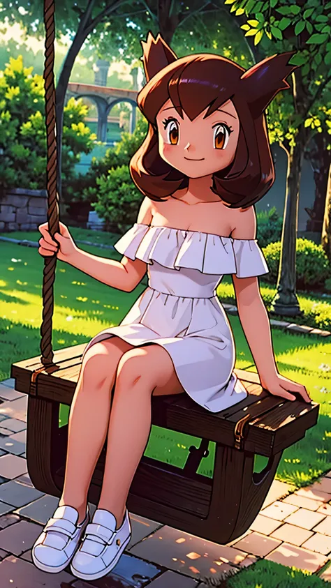 masterpiece, best quality, ultra-detailed, illustration, beautiful detailed eyes, very detailed illustration, cinematic lighting, 1 girl, solo, Pokemon Heroes (Bianca), Brown Hair, brown eyes, 1 girl, solo, bare shoulders, strapless, off shoulders, ruffle ...