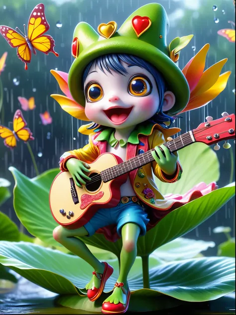 (chibi)，Cute frog on lotus leaf, ((Playing guitar)), concert, big eyes, shiny, Wearing chaotic and colorful clothes, Long legs, Interesting concept art, Colorful butterflies in the sky, Soft and beautiful picture, (Rainy Day), dew, full-body shot, Cartoon ...