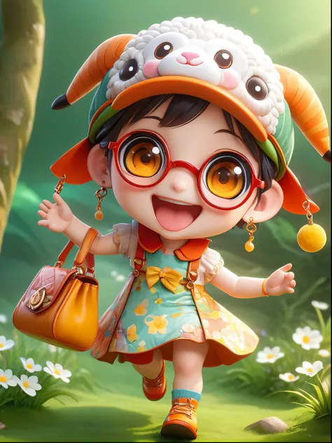 (chibi)，(masterpiece, top quality, best quality, official art, beautiful and aesthetic:1.2), cute lamb ip,koi,chibi face,grass,red scar, laugh,beautiful dress, cute cartoon diagonal shoulder bag, orange cartoon glasses, yellow pattern wool cap, 1fkxc1
