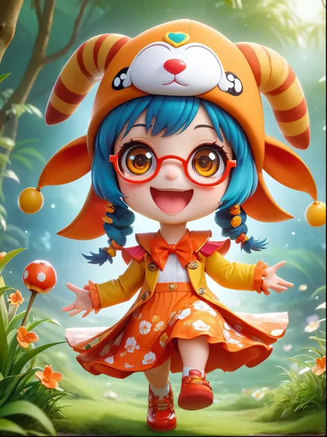 (chibi)，(masterpiece, top quality, best quality, official art, beautiful and aesthetic:1.2), cute lamb ip,koi,chibi face,grass,red scar, laugh,beautiful dress, cute cartoon diagonal shoulder bag, orange cartoon glasses, yellow pattern wool cap, 1fkxc1