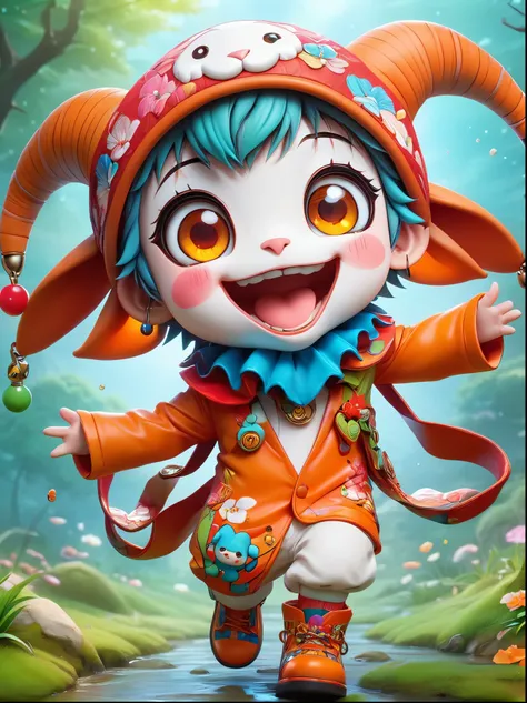 (chibi)，(masterpiece, top quality, best quality, official art, beautiful and aesthetic:1.2), Cute lamb, koi, chibi face，Grass，Red scars，Grin，Wearing chaotic and brightly colored clothing，Cute cartoon crossbody shoulder bag，Orange cartoon glasses，Patterned ...
