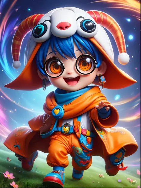 (chibi)，(masterpiece, top quality, best quality, official art, beautiful and aesthetic:1.2), Cute lamb, koi, chibi face，Grass，Red scars，Grin，Wearing chaotic and brightly colored clothing，Cute cartoon crossbody shoulder bag，Orange cartoon glasses，Patterned ...
