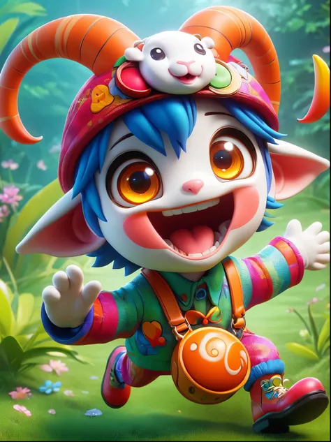 (chibi)，(masterpiece, top quality, best quality, official art, beautiful and aesthetic:1.2), Cute lamb, koi, chibi face，Grass，Red scars，Grin，Wearing chaotic and brightly colored clothing，Cute cartoon crossbody shoulder bag，Orange cartoon glasses，Patterned ...