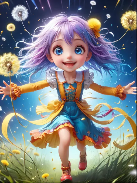 1girl, solo, cute, Kawaii, child, Hair shiny, Braiding Hair, Messy hair, Dandelion Hair Accessories, Eye Color Universe, big eyes, (Dynamic Angle:1.4), (Full body shot:1.3), (Vision), Wide Angle, Dynamic poses, Delicate face, Vibrant colors, (Blowing dande...