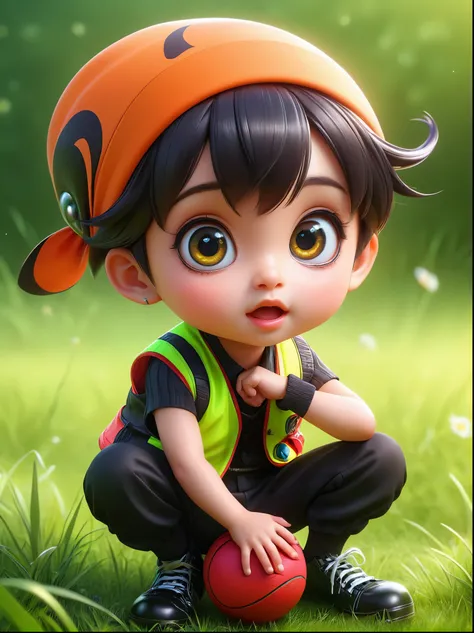 (chibi)，masterpiece，best quality，original，official art，whole body，realistic cute children，big eyes，sit and play with the ball，gr...