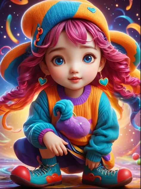 1girl, curls, Colorful sweater, solo, Colorful，Character Conception，cute，Bright colors，cute的艺术风格，cute的插图，cute的卡通，cute的人物，whole body，Color illustrations，Colorful的插图，Colors come in many colors，cute和细致的数字艺术，Color drawing，cute的卡通人物，cute的卡哇伊女孩，Beautifully detai...