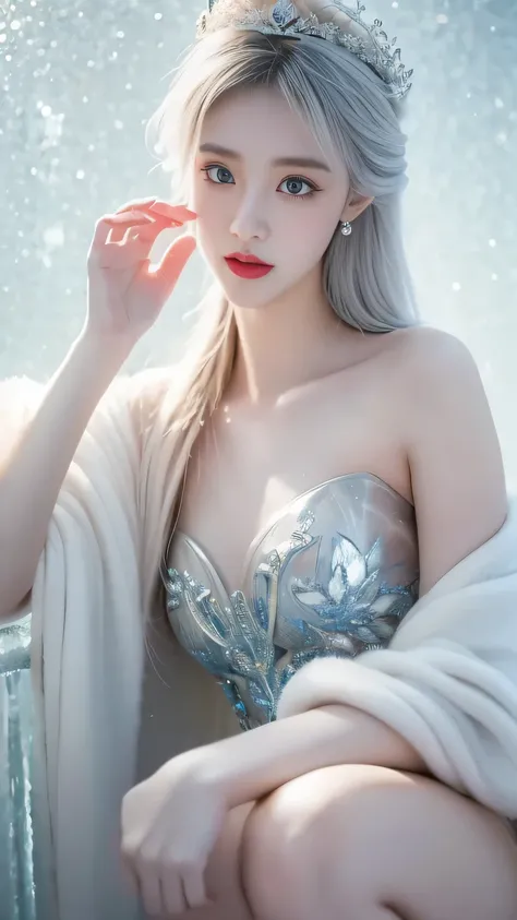 (Surrealism) , (illumination), (Improve resolution), (8K), (The content is very detailed), (Best Illustration Award), (The most beautiful quality), (Extremely detailed), (masterpiece), ( wallpaper), (Delicate face)Ice Queen，The face is cold，Ice Skin and Ja...