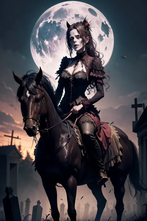 Decomposing Zombie Woman, riding a horse through the cemetery in the moonlight, roupas sexys, realista (melhor qualdiade) (4k) dark cinematic setting