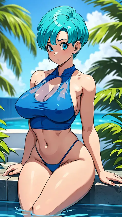 High-definition 8K imagery showcases an exquisitely detailed depiction of Bulma from Dragon Ball, as she lounges in a tranquil spa environment. HerД face boasts vibrant sky blue eyes that contrast beautifully with her electric blue hair, styled in a trendy...